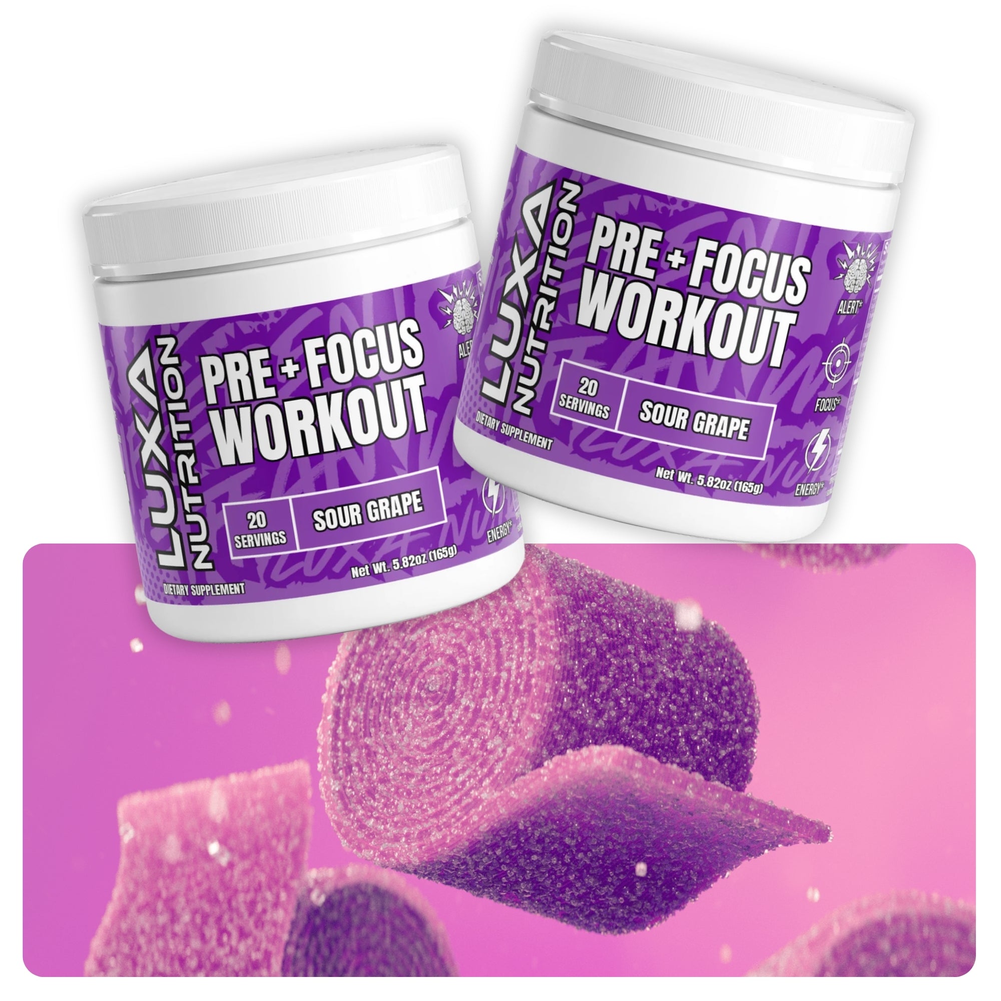 Two containers of Luxa Nutrition Pre + Focus Workout supplement on a pink background with purple grape flavor text.