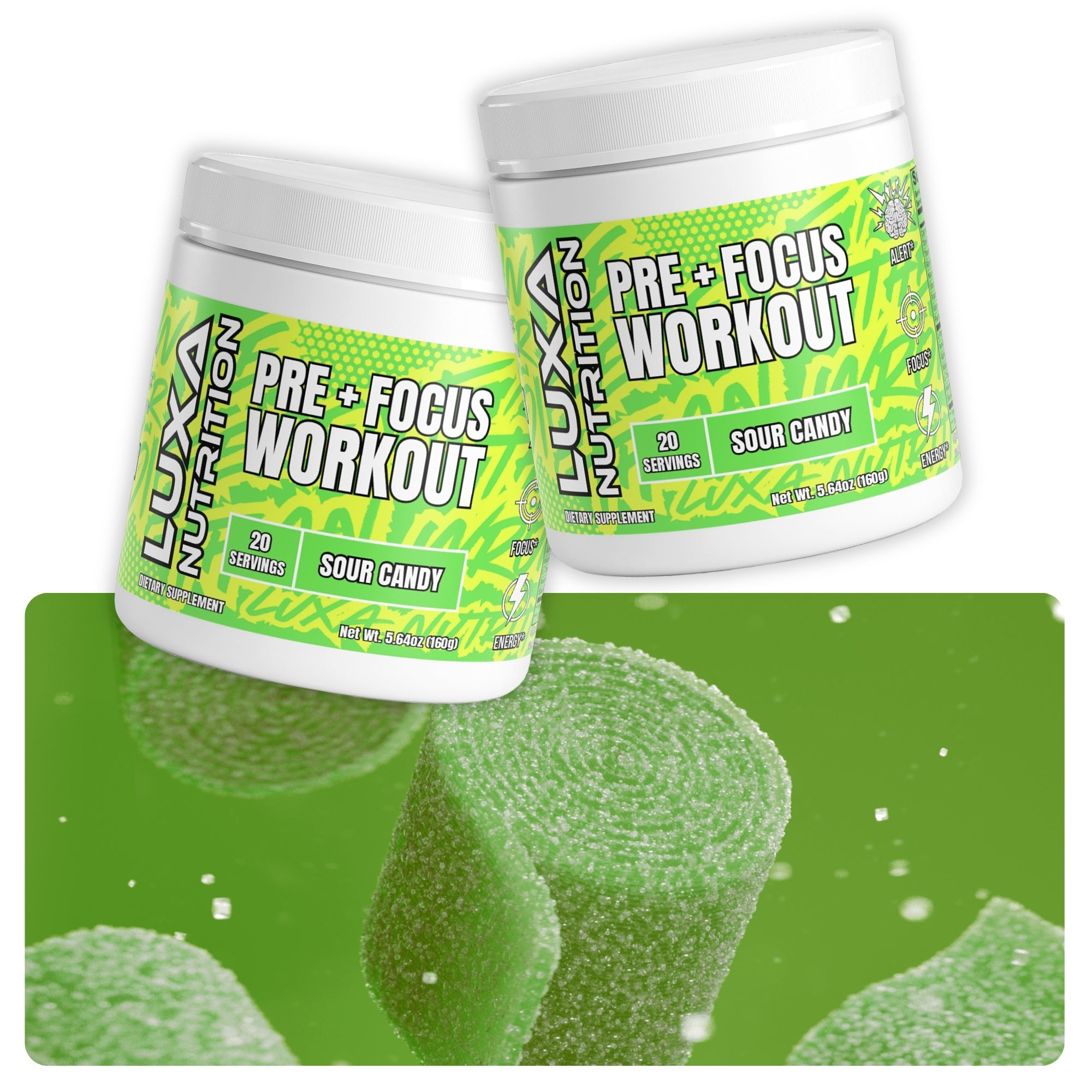 Two containers of Luxa Nutrition Pre + Focus Workout supplement on a green background with candy imagery.