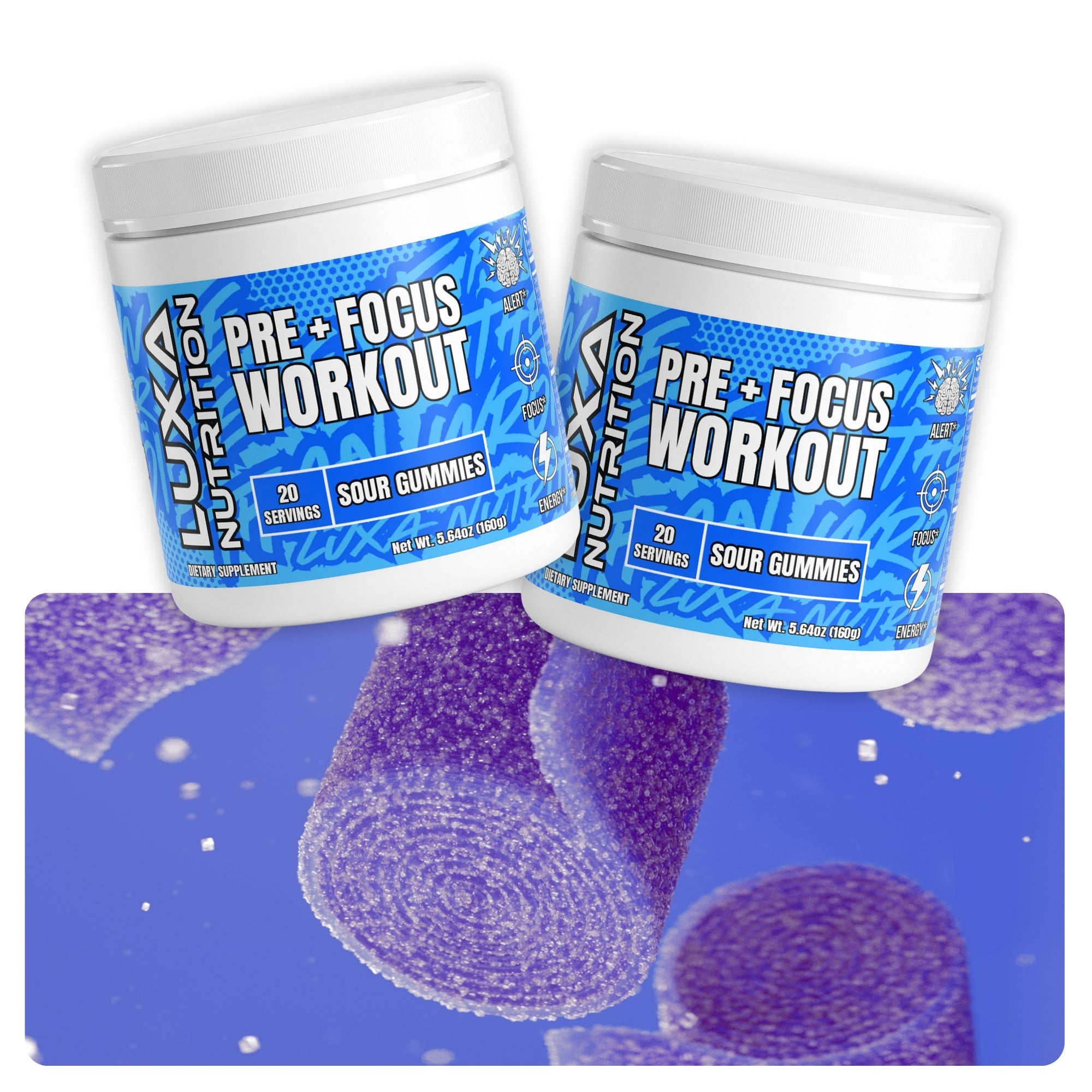 Two containers of Luxa Nutrition Pre + Focus Workout Sour Gummies on a blue background with gummy residue.